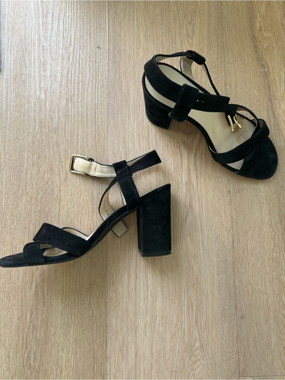 Cole Haan Black Suede Block Heel Sandals with Gold Buckle